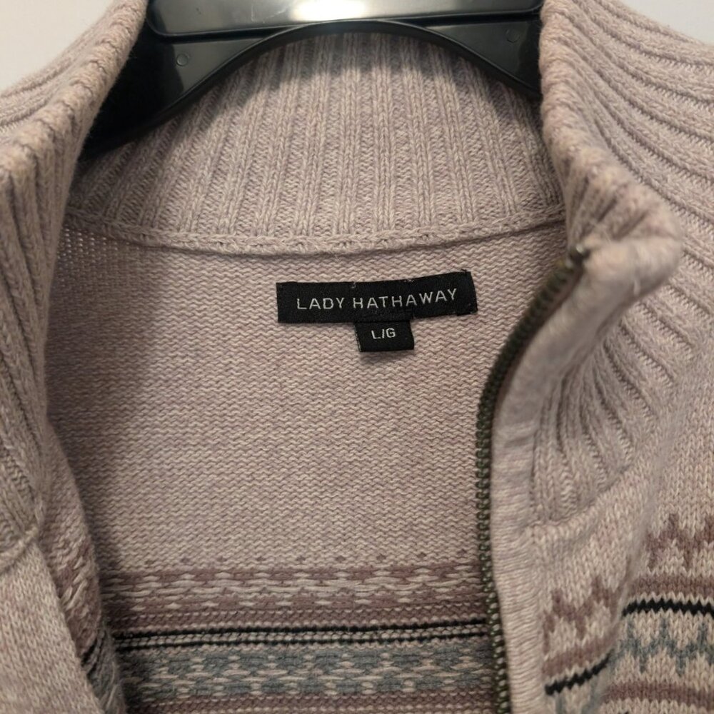 Lady Hathaway Gray/Heather Zip Sweater with Nordic Pattern, Size LG, EUC